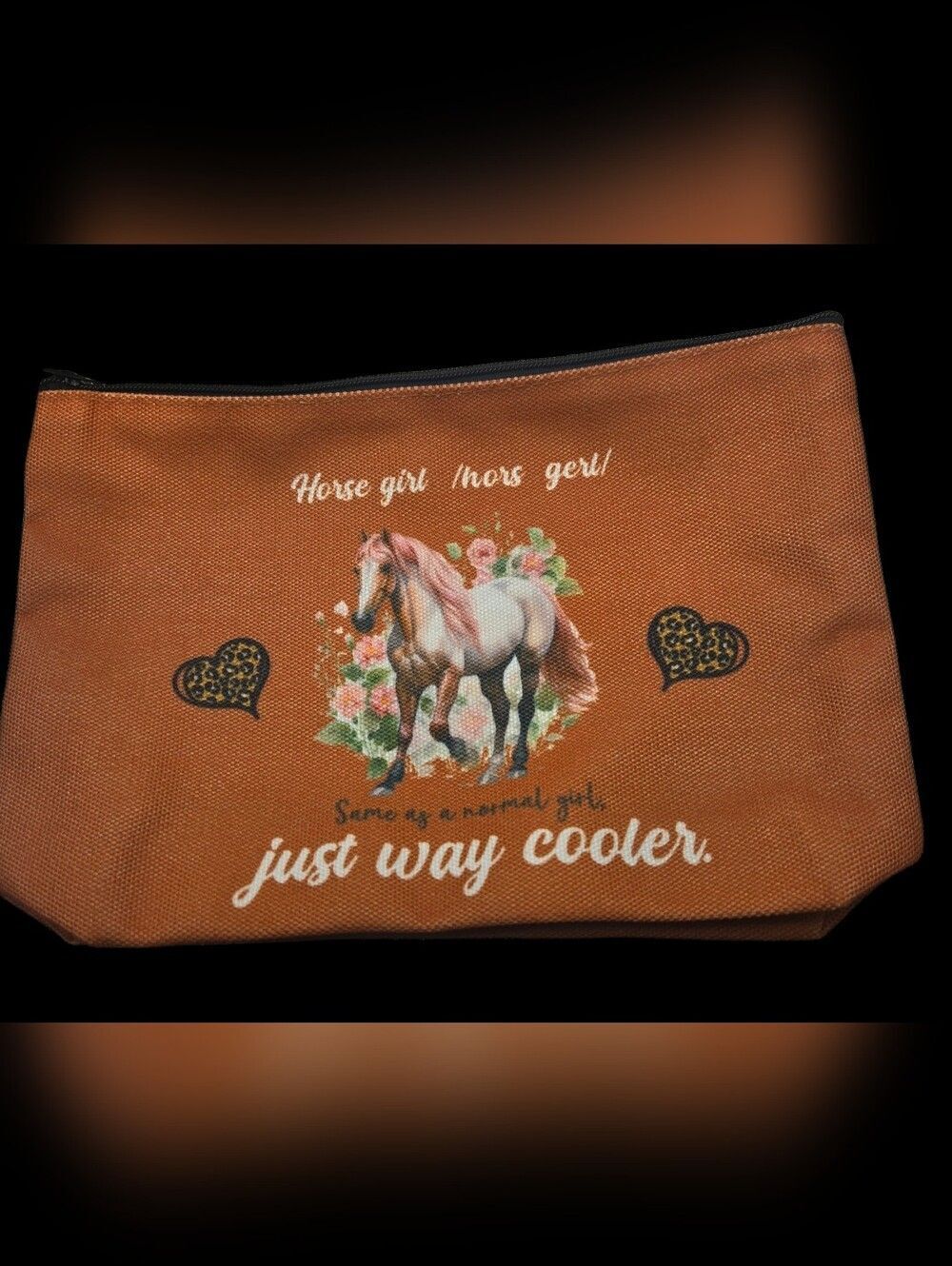 "5/$40" Zippered Orange Canvas Horse Girl Make Up Cosmetic Travel Bag
